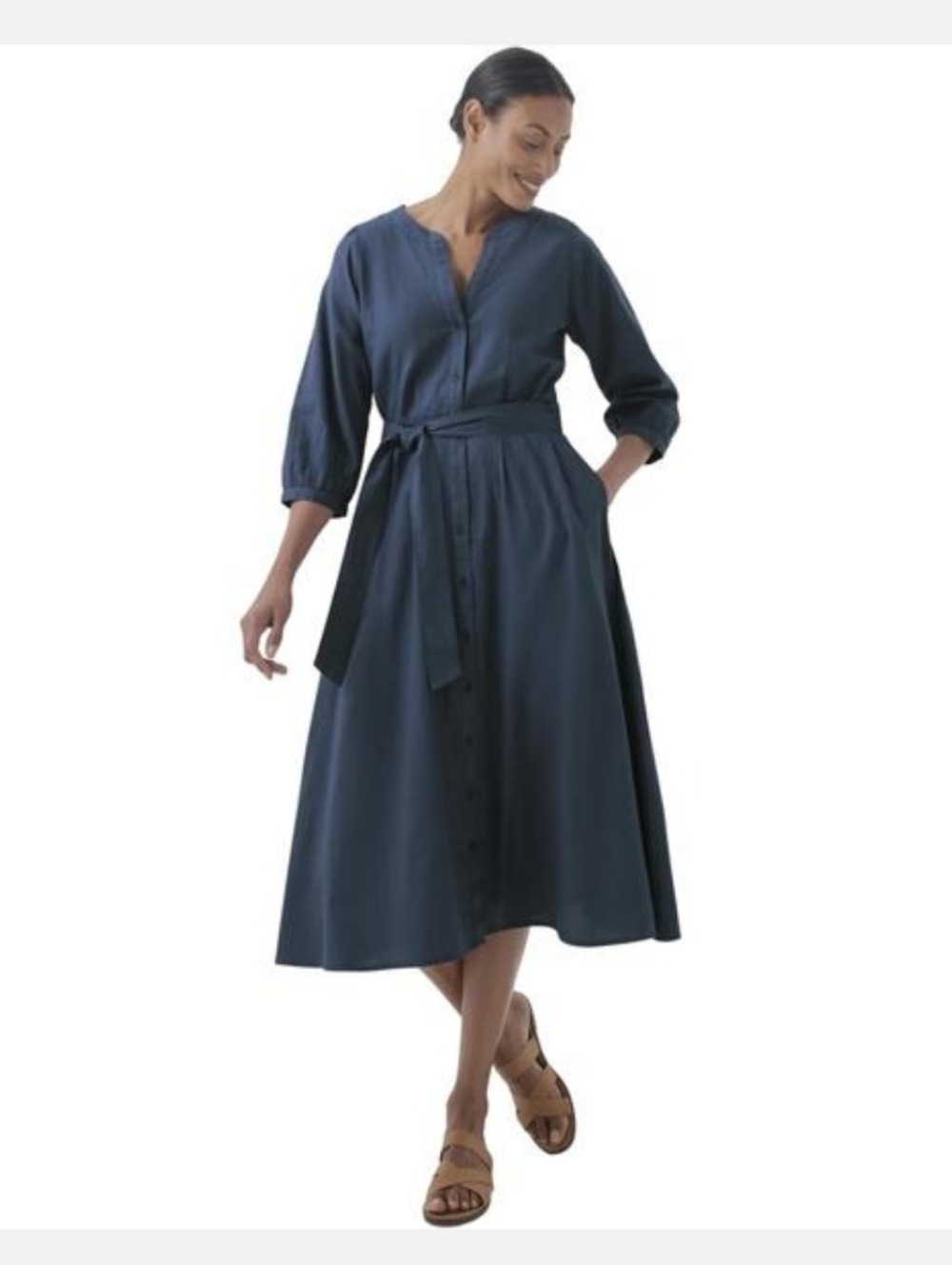 Pact Sunset Dress Navy Blue Midi Dress with Waist Tie Organic Cotton Medium
